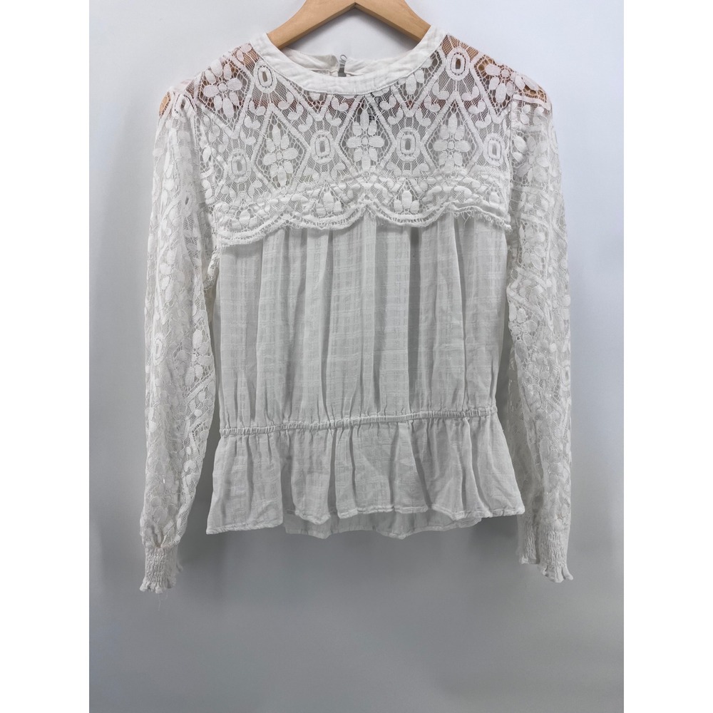 American Rag White Lace Peplum Blouse Long Sleeve Mock Neck Large Cottagecore